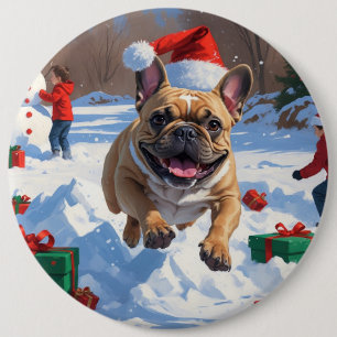 French Bulldog Running in Snow with Christmas Hat 6 Cm Round Badge