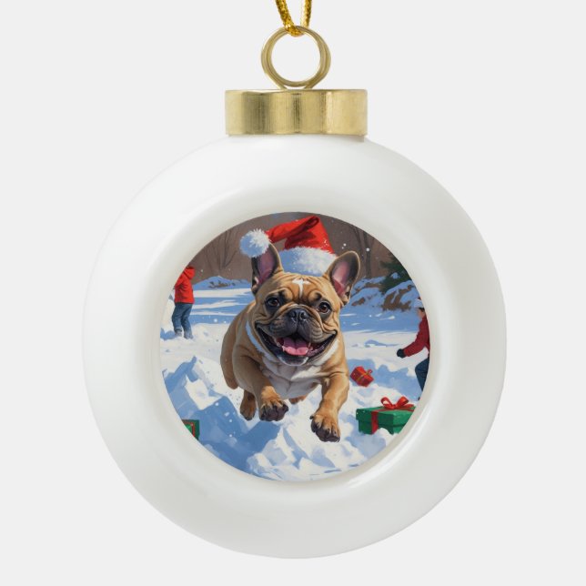 French Bulldog Running in Snow with Christmas Hat Ceramic Ball Christmas Ornament (Front)