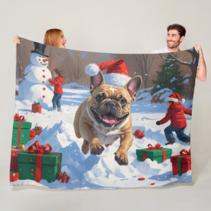 French Bulldog Running in Snow with Christmas Hat Fleece Blanket