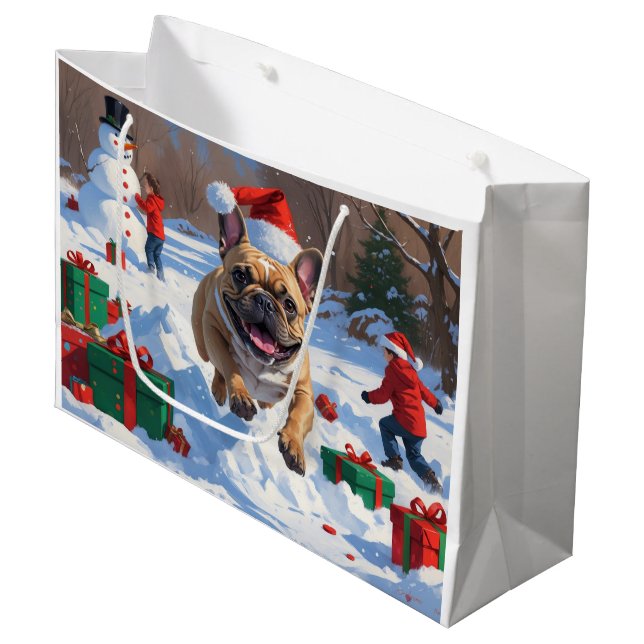 French Bulldog Running in Snow with Christmas Hat Large Gift Bag (Front Angled)