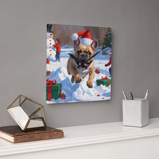 French Bulldog Running in Snow with Christmas Hat Square Wall Clock (Office)