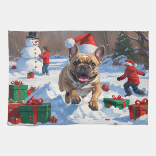 French Bulldog Running in Snow with Christmas Hat Tea Towel