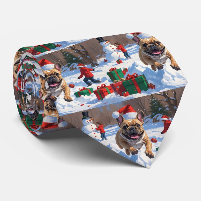 French Bulldog Running in Snow with Christmas Hat Tie (Rolled)