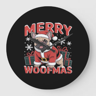 French Bulldog Santa Claus Hat Merry Christmas Dog Large Clock
