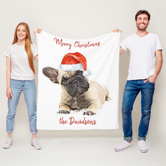 French Bulldog Santa Dog Christmas Cute Puppy Dog Fleece Blanket (In Situ)