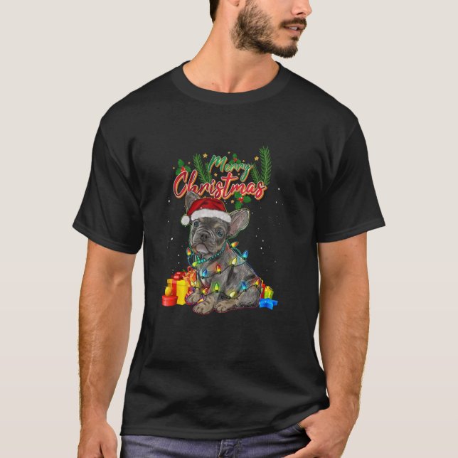 French Bulldog Santa Hat Christmas Tree Lights Boy T-Shirt (Front)