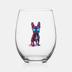 French Bulldog SciFi Wearing Cool Sunglasses Stemless Wine Glass