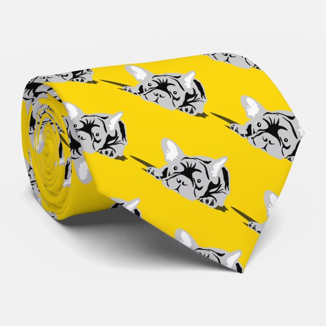 French Bulldog Silhouette black, white, yellow Tie (Rolled)