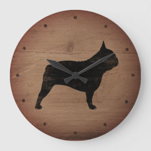 French Bulldog Silhouette Faux Wood Rustic Style Large Clock