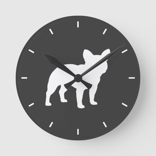 French Bulldog Silhouette Grey and White Dog Lover Round Clock (Front)