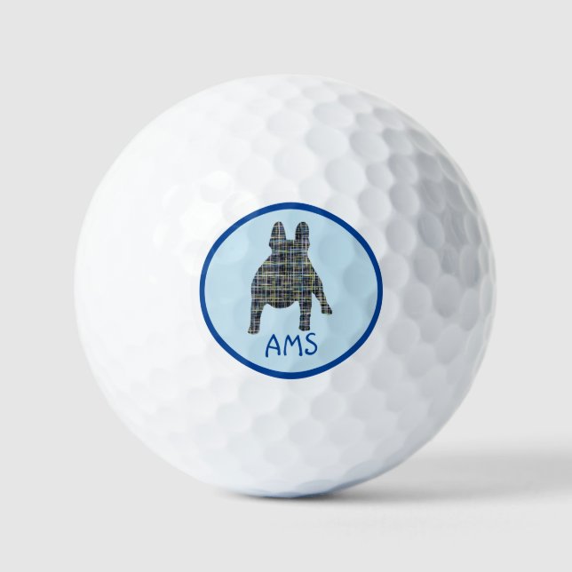 French Bulldog Silhouette Monogram Grid Blue Golf Balls (Front)