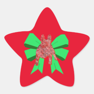 French Bulldog Silhouette Red& Green Bow Christmas Star Sticker