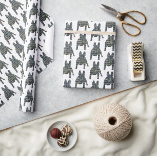 French Bulldog Silhouette Y&B Grid White Wrapping Paper