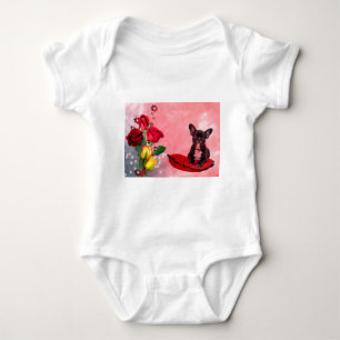 French Bulldog Sitting on Heart Pillow and Flowers Baby Bodysuit