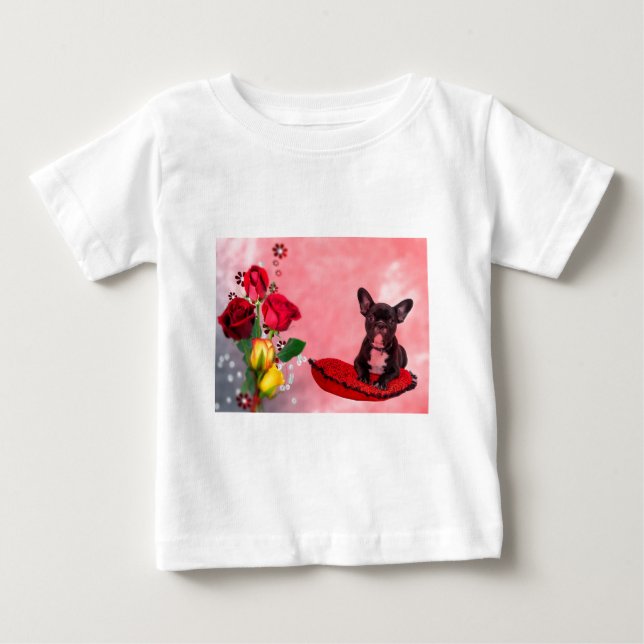 French Bulldog Sitting on Heart Pillow and Flowers Baby T-Shirt (Front)