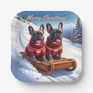 French Bulldog Sled Ride Christmas Paper Plate