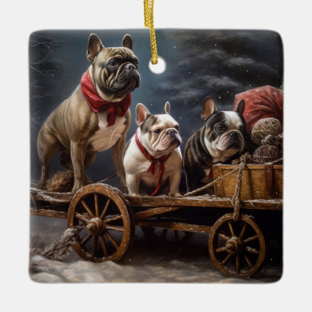 French Bulldog Snowy Sleigh Christmas Decor Ceramic Ornament (Front)