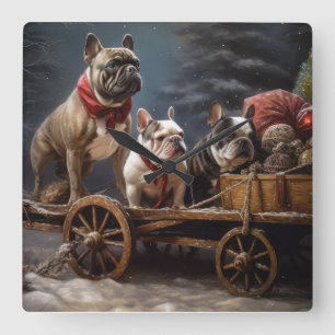 French Bulldog Snowy Sleigh Christmas Decor Square Wall Clock