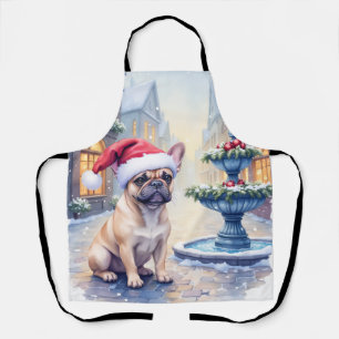 French Bulldog Snowy Town Fountain Santa Christmas Apron