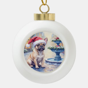French Bulldog Snowy Town Fountain Santa Christmas Ceramic Ball Christmas Ornament