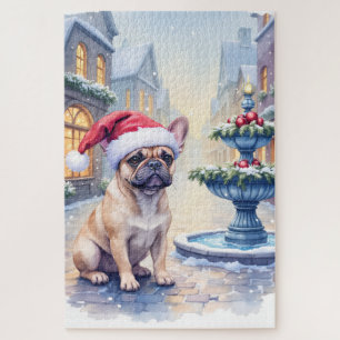 French Bulldog Snowy Town Fountain Santa Christmas Jigsaw Puzzle