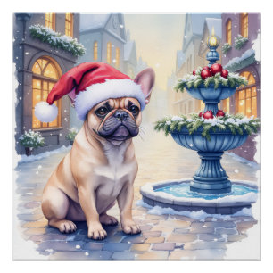French Bulldog Snowy Town Fountain Santa Christmas Poster