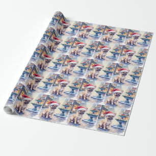 French Bulldog Snowy Town Fountain Santa Christmas Wrapping Paper