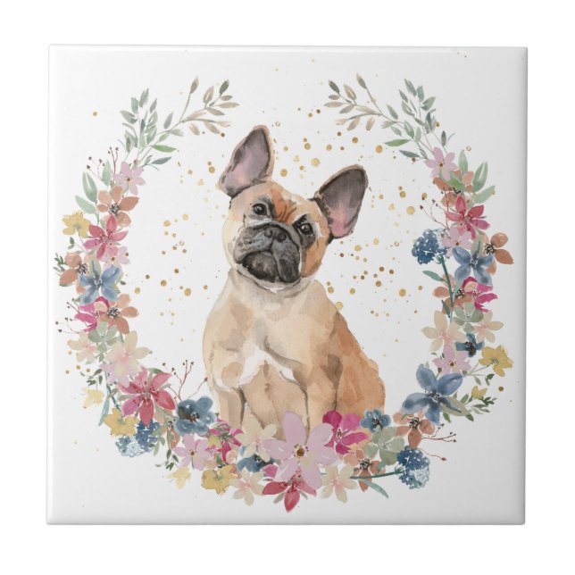 French Bulldog Spring Flowers Wreath Tile (Front)