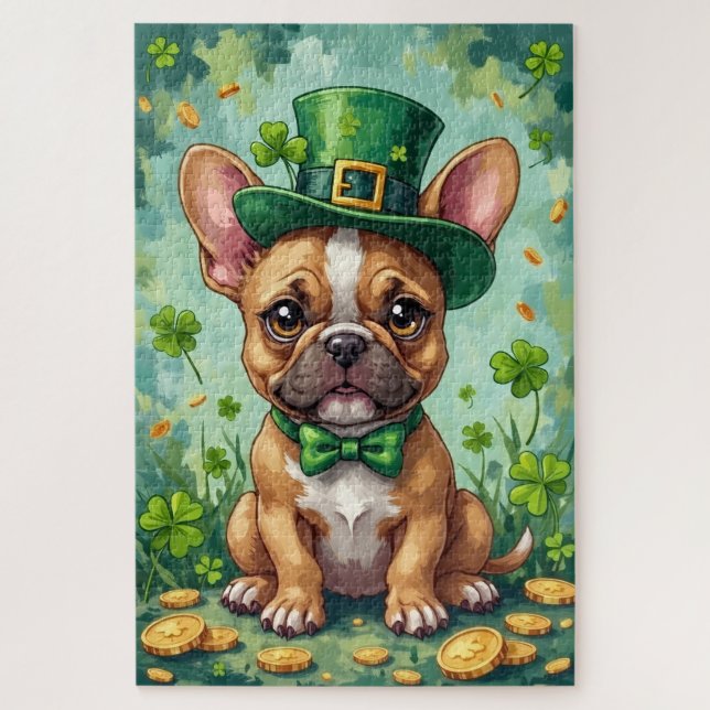 French Bulldog St Patrick’s Day Cute Lucky Dog Jigsaw Puzzle (Vertical)