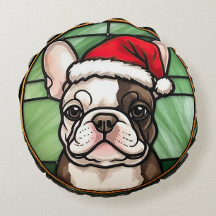 French Bulldog Stained Glass Christmas Round Cushion