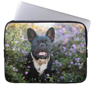 French Bulldog Stands in Flowers Laptop Sleeve