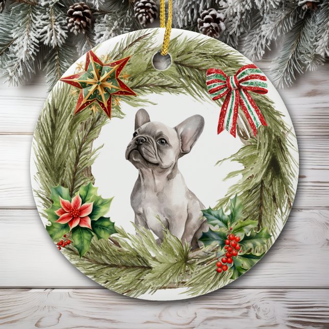 French Bulldog Star Bow Wreath Ceramic Tree Decoration (Creator Uploaded)