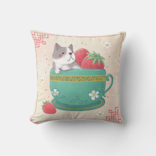 French Bulldog, Strawberries & Cup Illustration Cushion