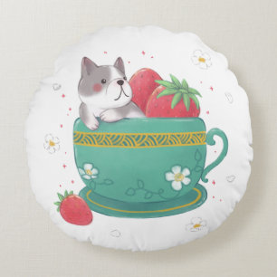 French Bulldog, Strawberries & Cup Illustration Round Cushion