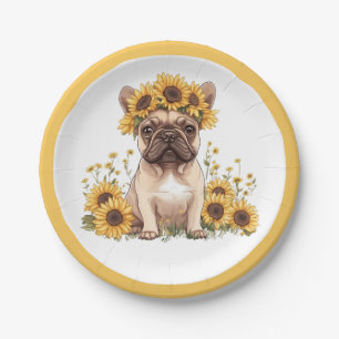 French Bulldog Surrounded By Sunflowers Paper Plate