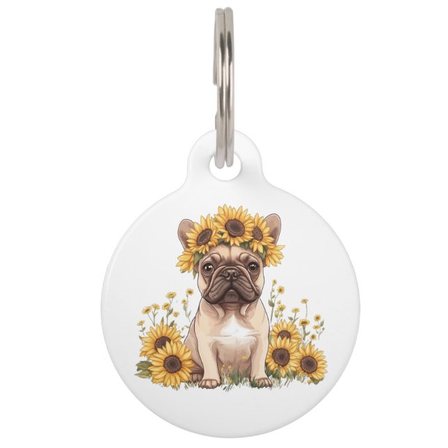 French Bulldog Surrounded By Sunflowers Pet Tag (Front)