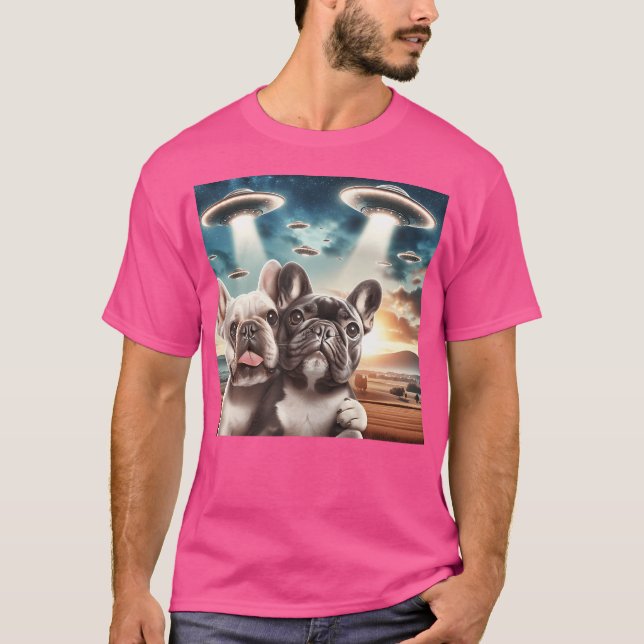 French Bulldog Taking A Selfie Ufo Frenchie Flying T-Shirt (Front)