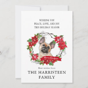 French Bulldog Tan Watercolor Poinsettia Christmas Holiday Card