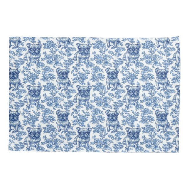 French Bulldog Toile Blue Pillowcase (Back)