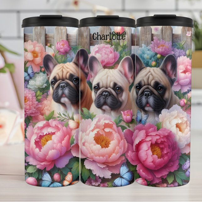 French Bulldog Trio: Floral, Butterfly Charm Thermal Tumbler (Creator Uploaded)
