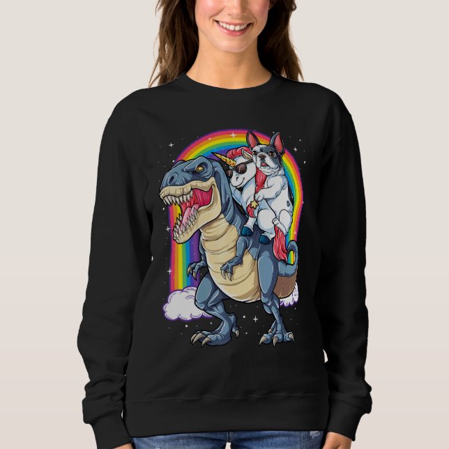 French Bulldog Unicorn Riding Dinosaur T Rex  Girl Sweatshirt (Front)