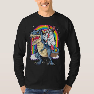 French Bulldog Unicorn Riding Dinosaur T Rex Girl T-Shirt