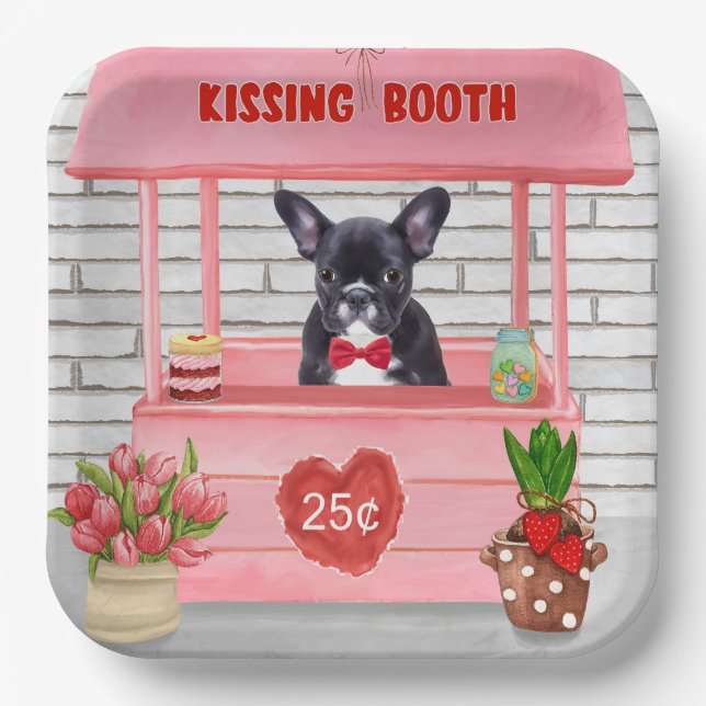 French Bulldog Valentine's Day Kissing Booth Paper Plate (Front)