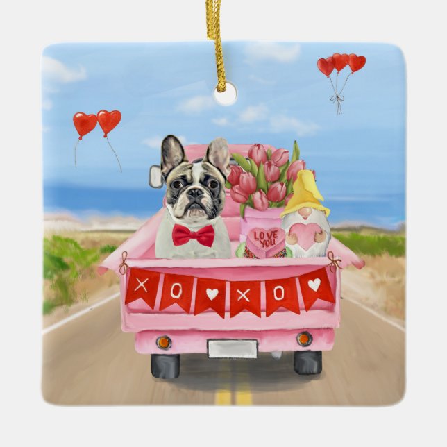 French Bulldog Valentine's Day Truck Ceramic Ornament (Front)