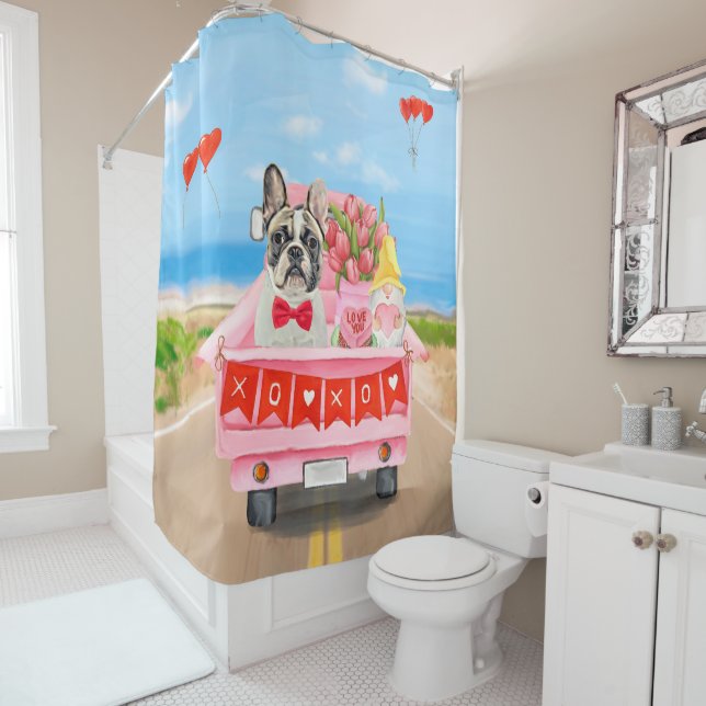 French Bulldog Valentine's Day Truck Shower Curtain (In Situ)