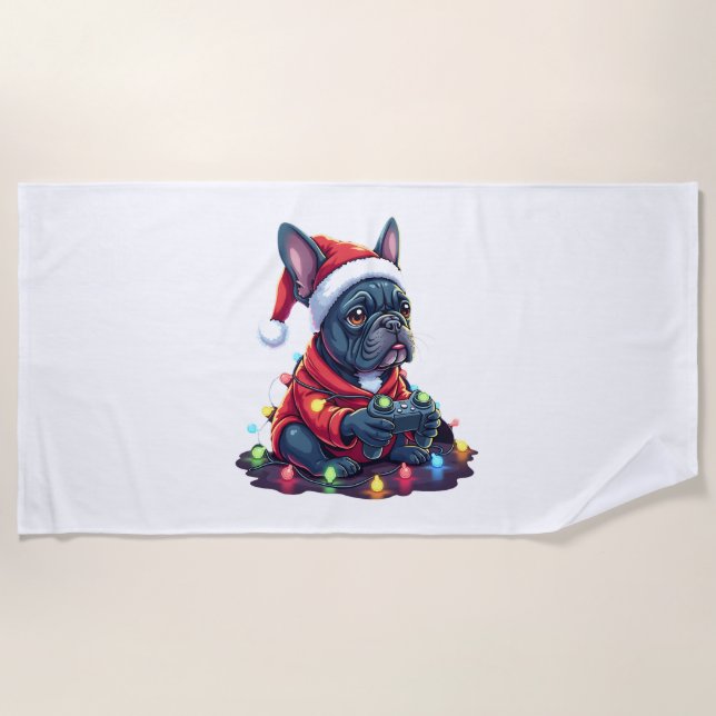 French Bulldog Video Game Controller Light Snow Sa Beach Towel (Front)