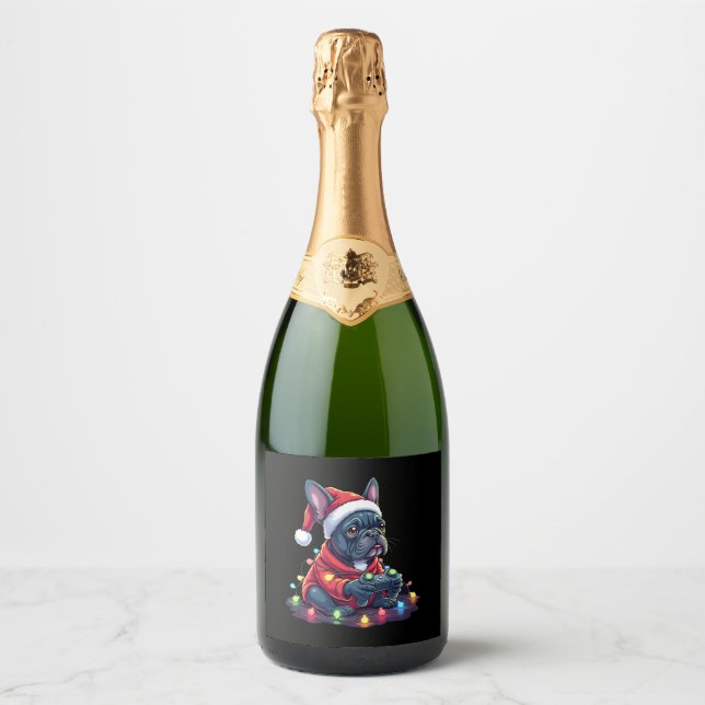 French Bulldog Video Game Controller Light Snow Sa Sparkling Wine Label (Front)