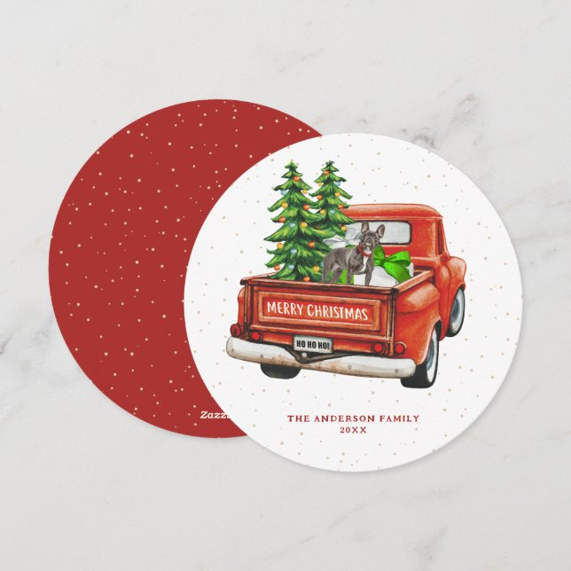 French Bulldog Vintage Red Truck Christmas Holiday Card (Front/Back)