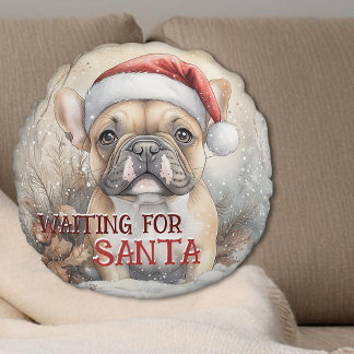 French Bulldog Waiting For Santa Christmas Round Cushion