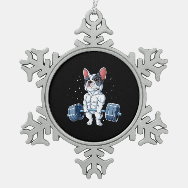 French Bulldog Weightlifting Funny Deadlift Gym Snowflake Pewter Christmas Ornament (Front)